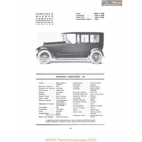 Marmon Limousine 34 Fiche Info 1917