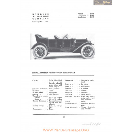 Marmon Thirty Two Touring Car Fiche Info 1912