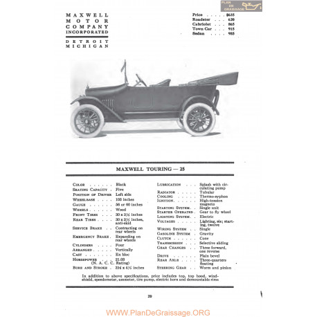 Maxwell Touring 25 Fiche Info Mc Clures 1917