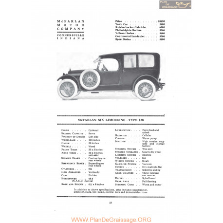 Mc Farlan Six Limousine Type 138 Fiche Info 1919
