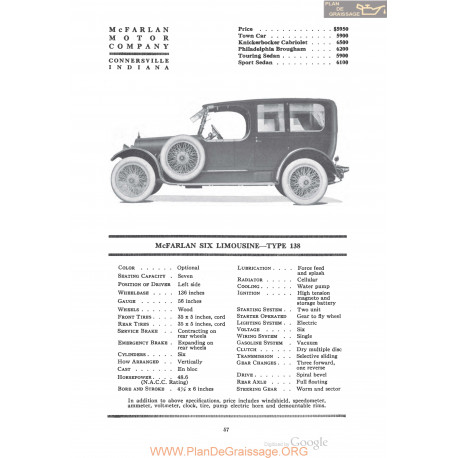 Mc Farlan Six Limousine Type 138 Fiche Info 1920