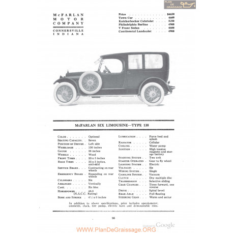 Mc Farlan Six Limousine Typr 138 Fiche Info 1918
