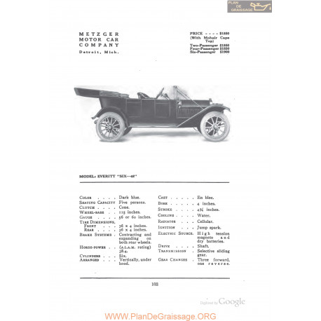 Metzger Everitt Six 48 Fiche Info 1912