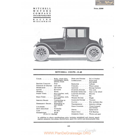 Mitchell Coupe E 40 Fiche Info 1920