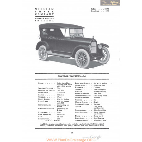 Monroe Touring S9 Fiche Info 1920