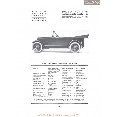 Nash Six Five Passenger Touring Fiche Info 1919