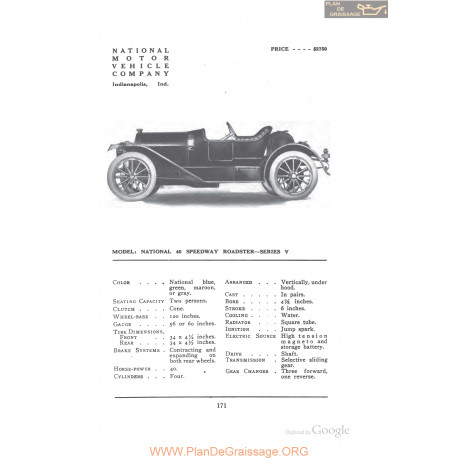 National 40 Speedway Roadster Series V Fiche Info 1912