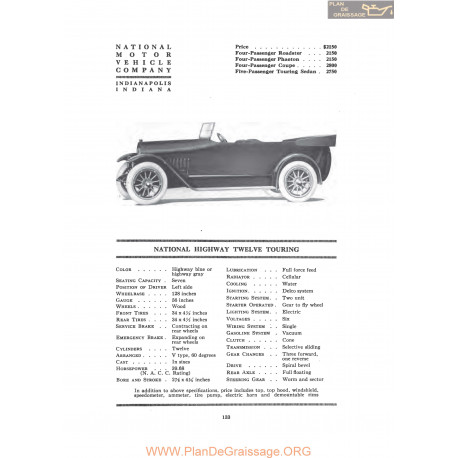 National Highway Twelve Touring Fiche Info 1917