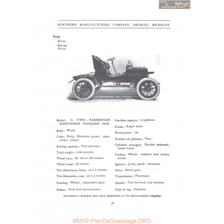Northern Model C Two Passenger Fiche Info 1906