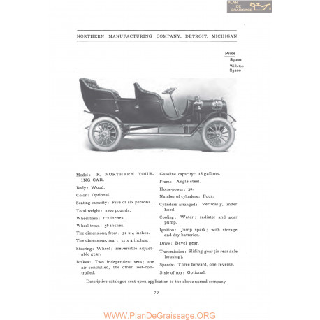 Northern Model K Touring Fiche Info 1906