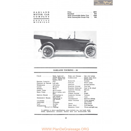 Oakland Touring 34 Fiche Info 1917