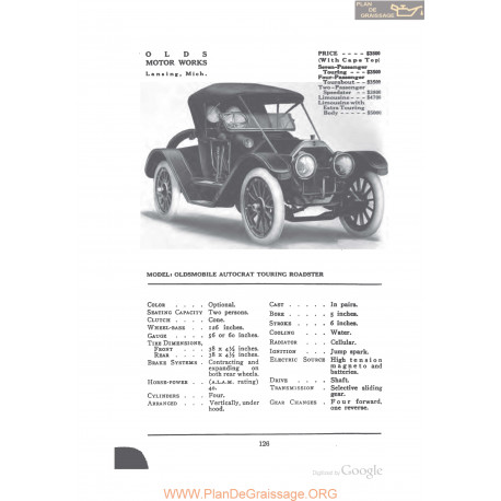 Oldsmobile Autocart Touring Roadster Fiche Info 1912