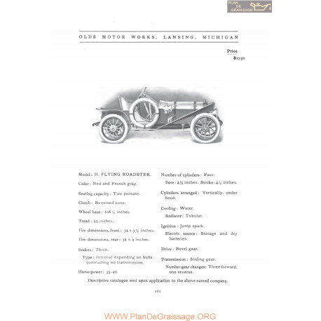 Oldsmobile H Flying Roadster Fiche Info 1907