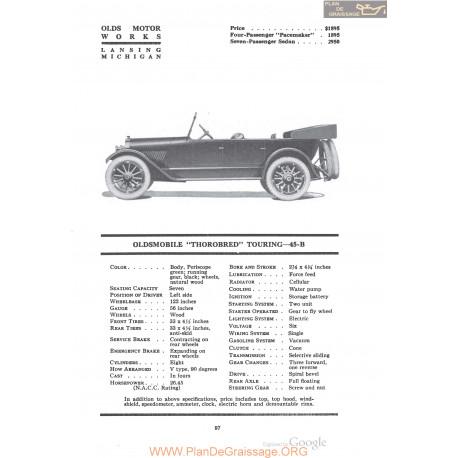 Oldsmobile Thorobred Touring 45b Fiche Info 1920