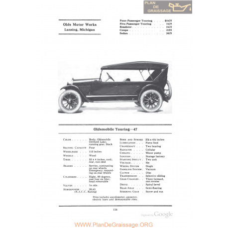 Oldsmobile Touring 47 Fiche Info 1922