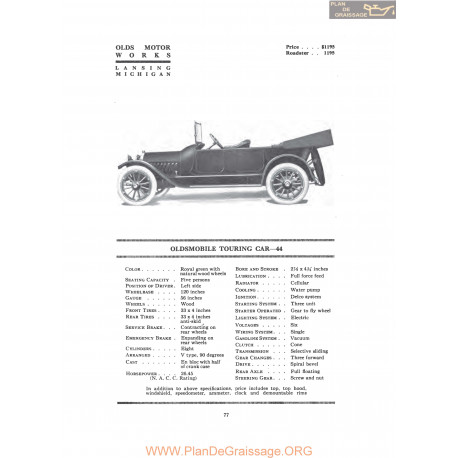 Oldsmobile Touring Car 44 Fiche Info 1916