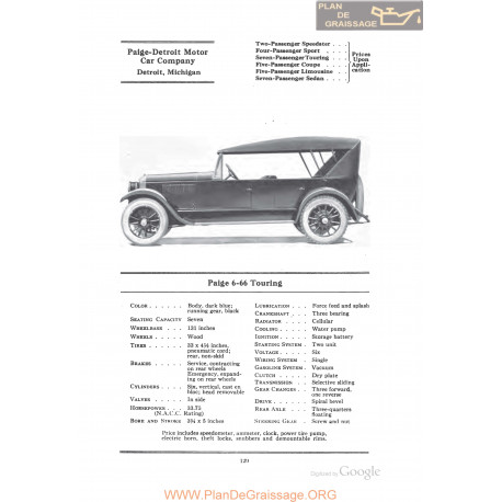 Paige 6 66 Touring Fiche Info 1922