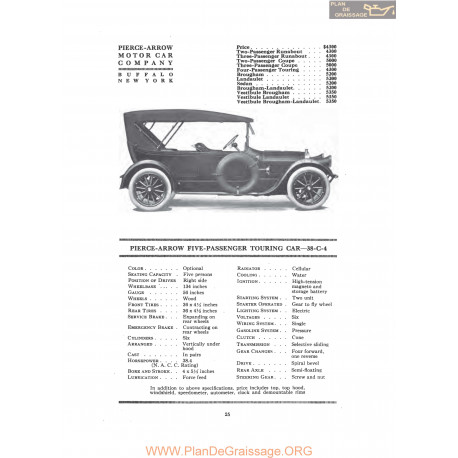 Pierce Arrow Five Passenger Touring Car 38 C4 Fiche Info 1916