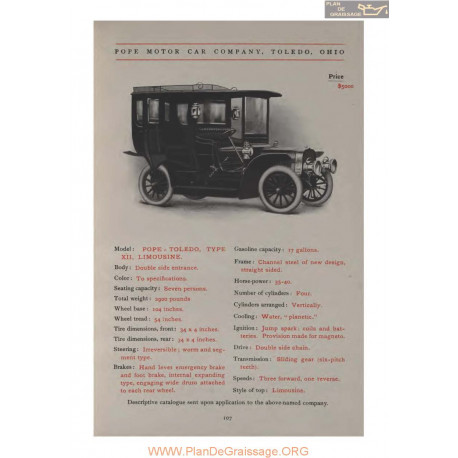 Pope Toledo Type Xii Limousine Fiche Info 1906
