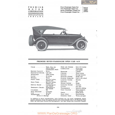 Premier Seven Passenger Open Car 6 D Fiche Info 1920