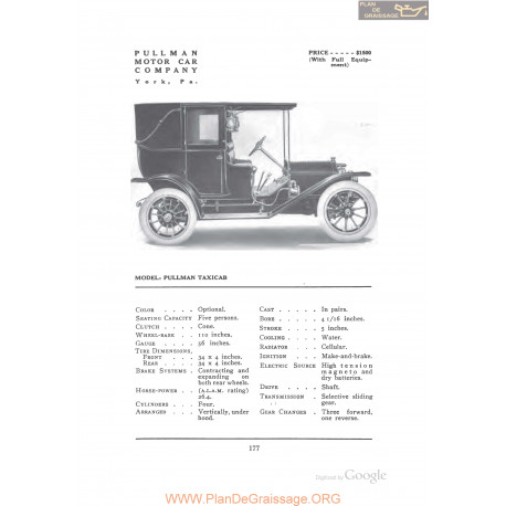Pullman Taxicab Fiche Info 1912