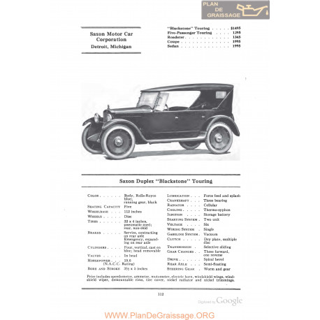 Saxon Duplex Blackstone Touring Fiche Info 1922
