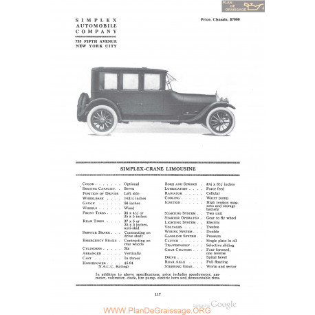 Simplex Crane Limousine Fiche Info 1918