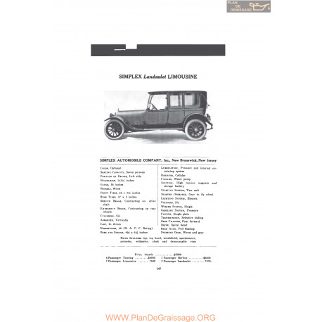 Simplex Landaulet Limousine Fiche Info 1916