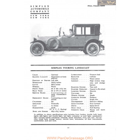Simplex Touring Landaulet Fiche Info 1917
