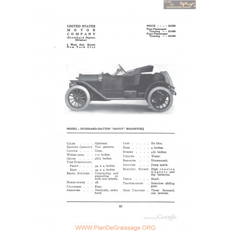Stoddard Dayton Savoy Roadster Fiche Info 1912