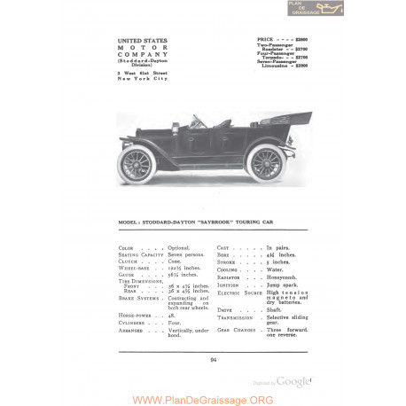 Stoddard Dayton Saybrook Touring Fiche Info 1912