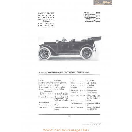 Stoddard Dayton Saybrook Touring Fiche Info 1912