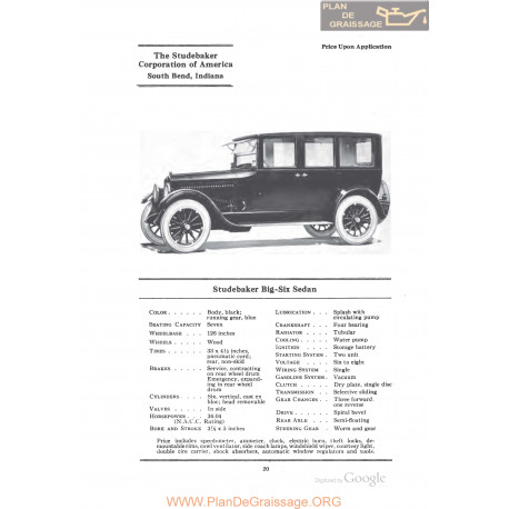 Studebaker Big Six Sedan Fiche Info 1922