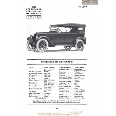 Studebaker Big Six Touring Fiche Info 1920