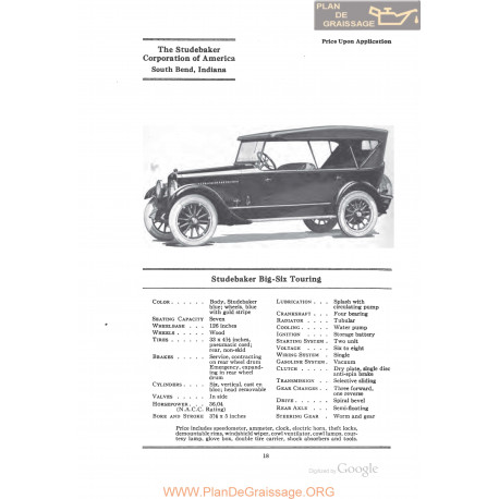 Studebaker Big Six Touring Fiche Info 1922
