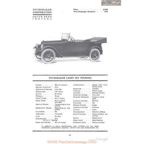 Studebaker Light Six Touring Fiche Info 1918