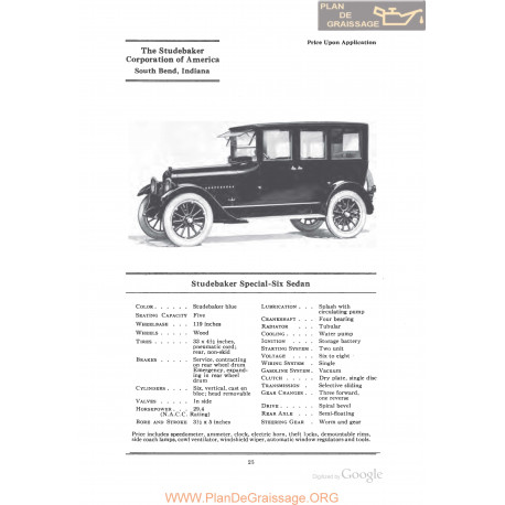 Studebaker Special Six Sedan Fiche Info 1922