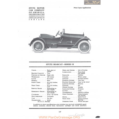 Stutz Bearcat Series H Fiche Info 1920