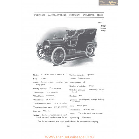 Waltham Model L Orient Fiche Info 1906