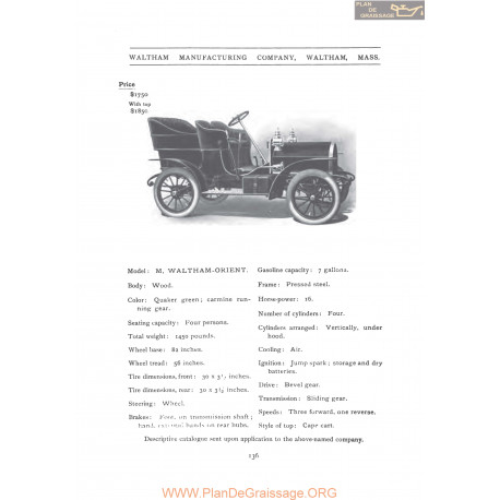 Waltham Model M Orient Fiche Info 1906