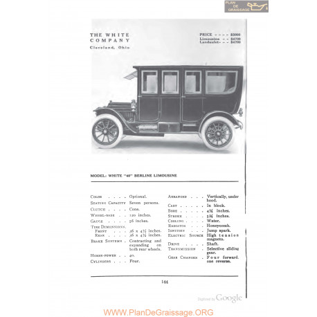 White 40 Berline Limousine Fiche Info 1912