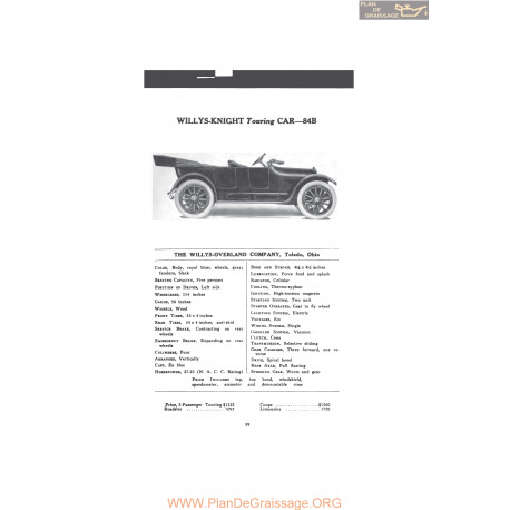 Willys Overland Knight Touring Car 84b Fiche Info Mc Clures 1916