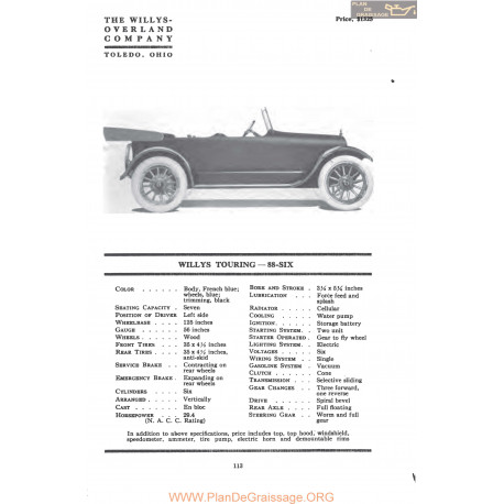 Willys Overland Touring 88 Six Fiche Info Mc Clures 1917