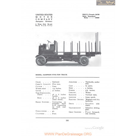 Alden Sampson Five Ton Truck Fiche Info 1912