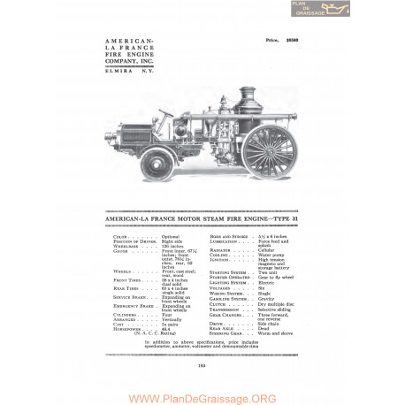 American La France Motor Steam Fire Engine Type 31 Fiche Info 1916