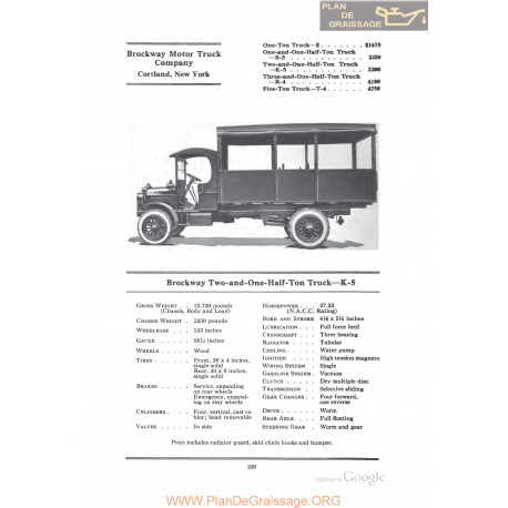 Brockway Two And One Half Ton Truck K5 Fiche Info 1922