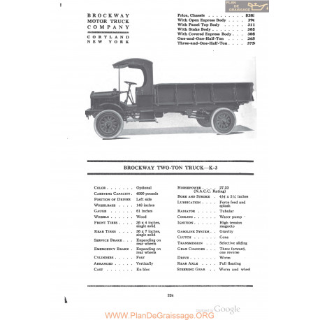Brockway Two Ton Truck K3 Fiche Info 1918