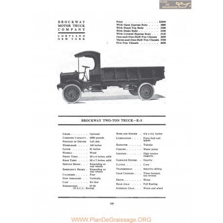 Brockway Two Ton Truck K3 Fiche Info 1919