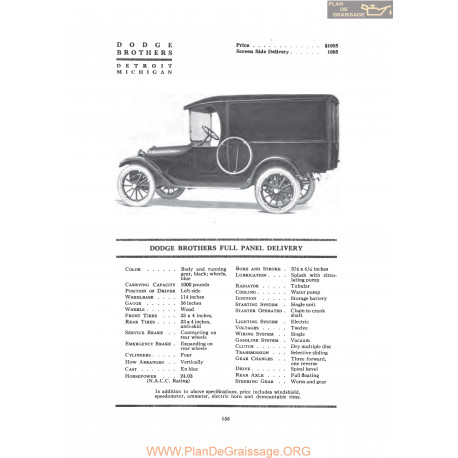 Dodge Brothers Full Panel Delivery Fiche Info 1919