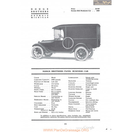 Dodge Brothers Panel Business Car Fiche Info 1920